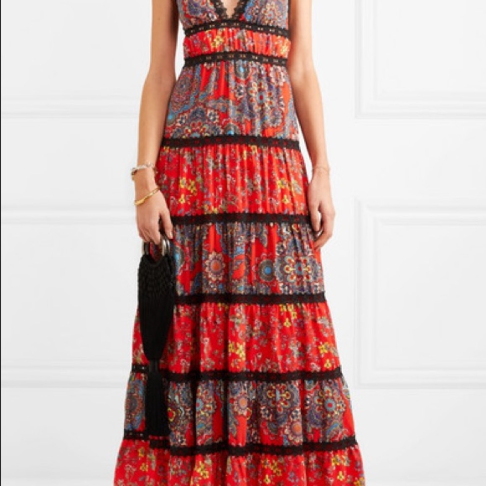 Alice & Olivia Boho Printed Crochet Maxi Dress